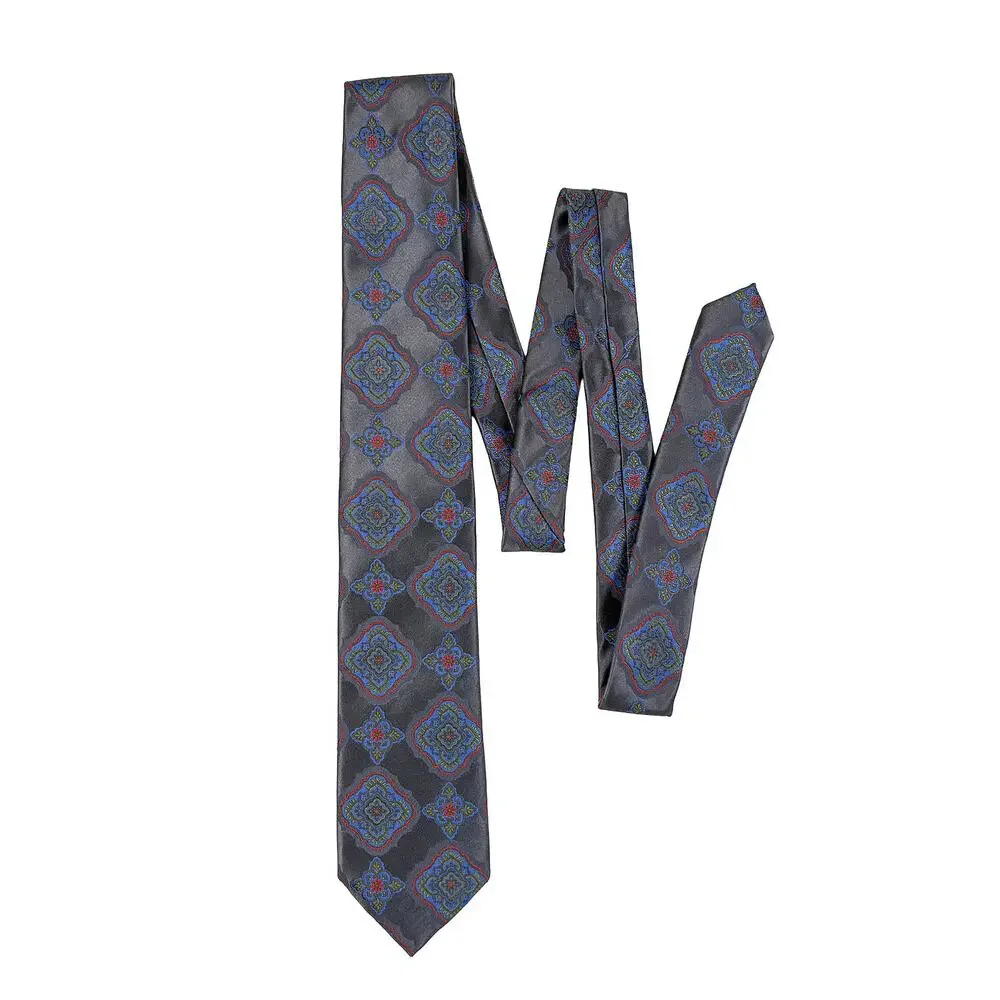 Santorelli Silk Tie Long Gray Blue Orange Green Medallion Made Italy 61